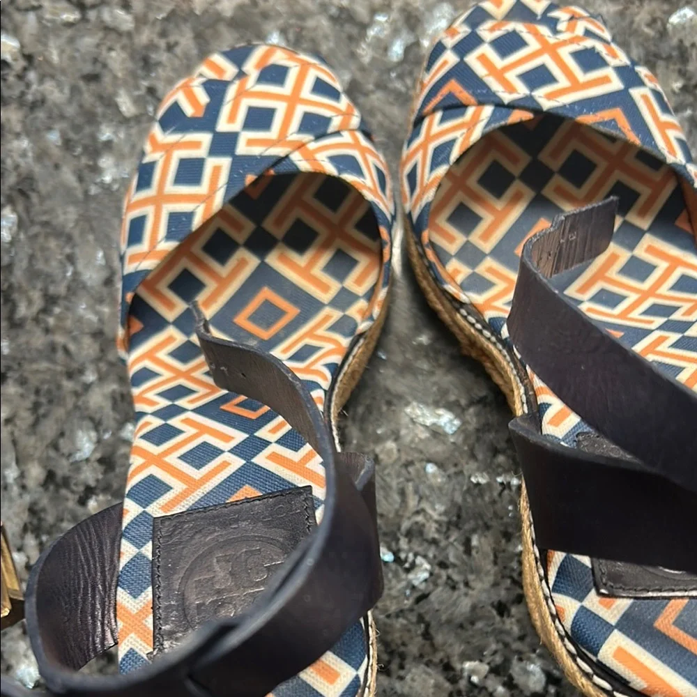 Tory Burch Navy & Orange Geometric Espadrille Wedge Sandals